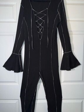 Curvy Size Ribbed Black Tie-Up Jumpsuit with Flared Cuffs